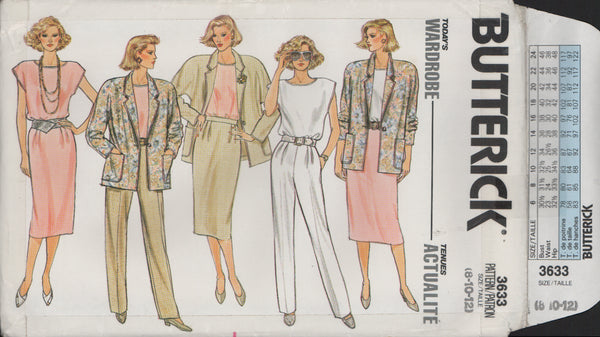 Butterick 3633 Sewing Pattern, Jacket, Top, Skirt and Pants, Size 8-10-12, Uncut, Factory Folded
