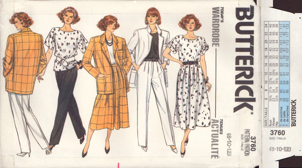 Butterick 3760 Sewing Pattern, Jacket, Top, Skirt and Pants, Size 8-10-12, Uncut, Factory Folded
