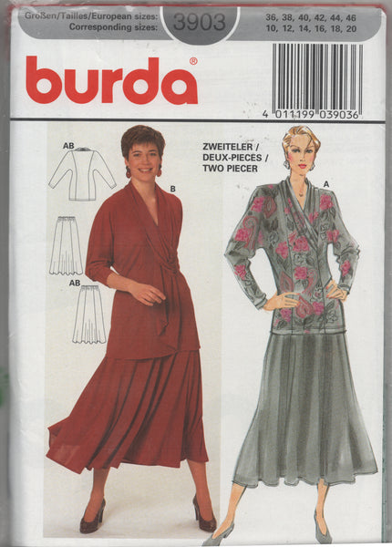 Burda 3903 Top with Sleeve Length Variations and Long Flared Skirt, Sewing Pattern Multi Plus Size 10-20