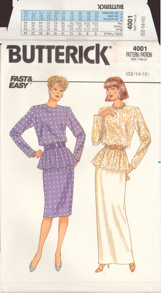 Butterick 4001 Sewing Pattern Top and Skirt, Size 12-14-16, Uncut, Factory Folded