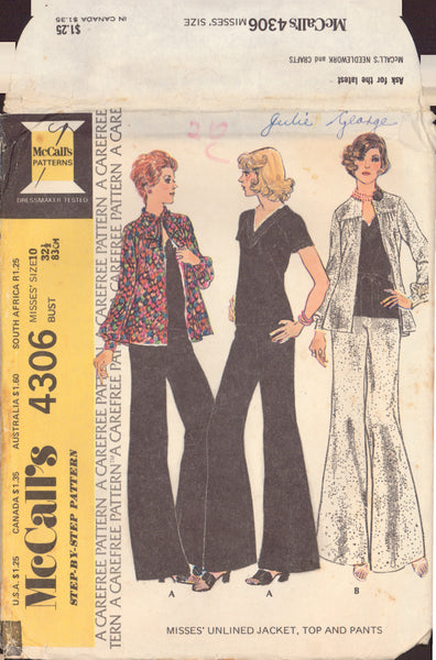 McCall's 4306 Sewing Pattern, Women's Unlined Jacket, Top, Pants, Size 10, Cut, Complete