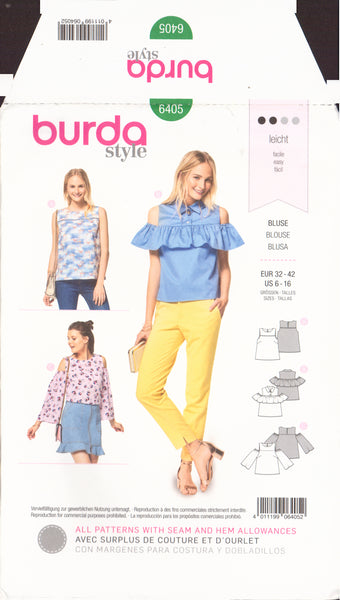 Burda 6405 Sewing Pattern, Blouses, Size 6-16, Uncut Factory Folded
