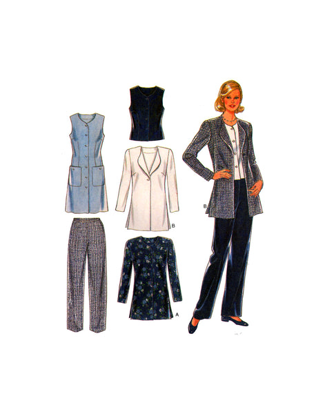 New Look 6569 Below Hip Jacket, Sleeveless Button Front Dress or Top and Pants, Sewing Pattern Multi Size 8-18