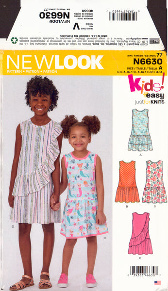 New Look 6630 Sewing Pattern, Girls' Drop Waist Dress, Size 3-14, Uncut, Factory Folded