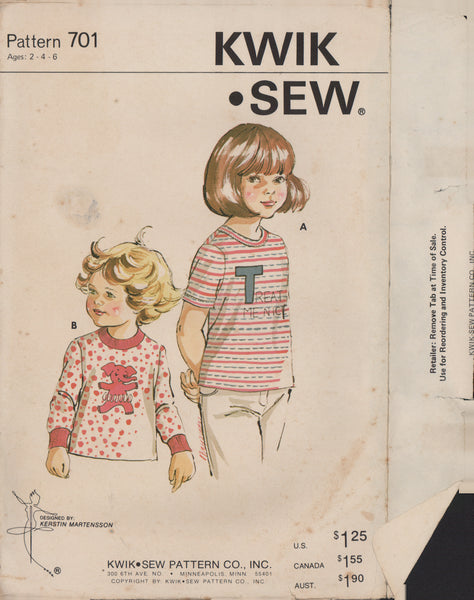Kwik Sew 701 Sewing Pattern, Girls' T Shirt, Size 2-4-6, Cut, Complete