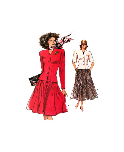 Vogue 7105 Semi-Fitted Jacket with Long or Short Sleeves and Flared Skirt in Two Lengths, Sewing Pattern Size 12-16