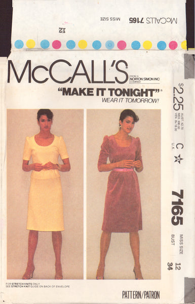 McCall's 7165 Sewing Pattern, Dress or Top and Skirt, Size 12, Uncut, Factory Folded