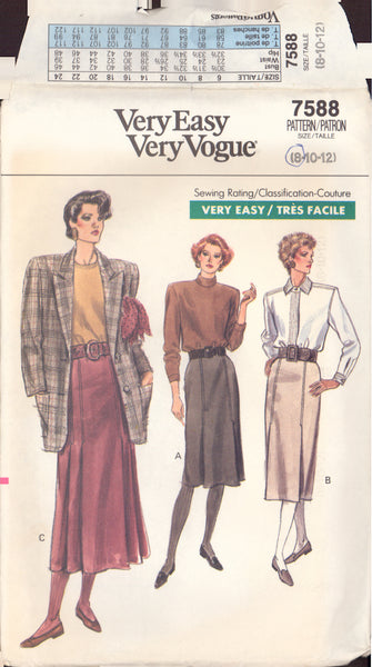 Vogue 7588 Sewing Pattern, Skirts, Size 8 or Size 8-10-12, Cut, Complete