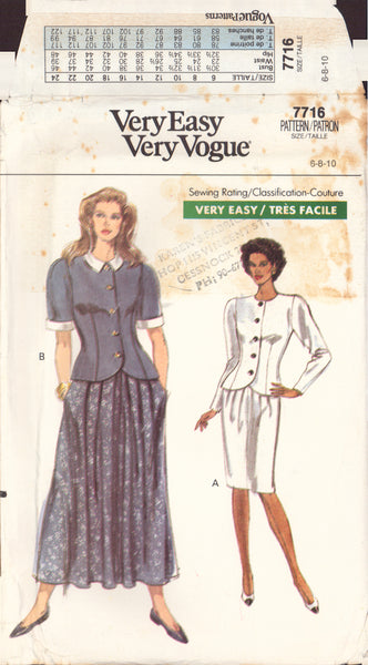 Vogue 7716 Sewing Pattern, Top and Skirt, Size 6-8-10, Uncut, Factory Folded