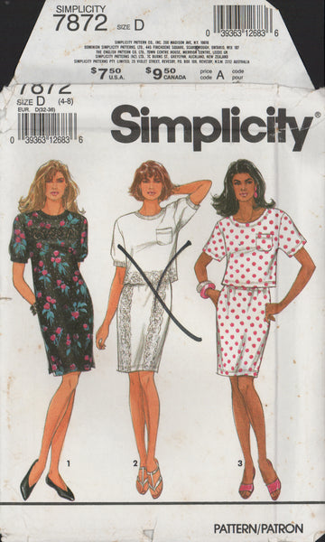 Simplicity 7872 Sewing Pattern, Dress or Top and Skirt, Size 4-8, Uncut, Factory Folded