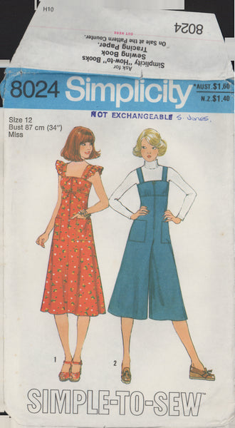 Simplicity 8024 Sewing Pattern, Dress or Pantdress, Size 12, Cut, Complete