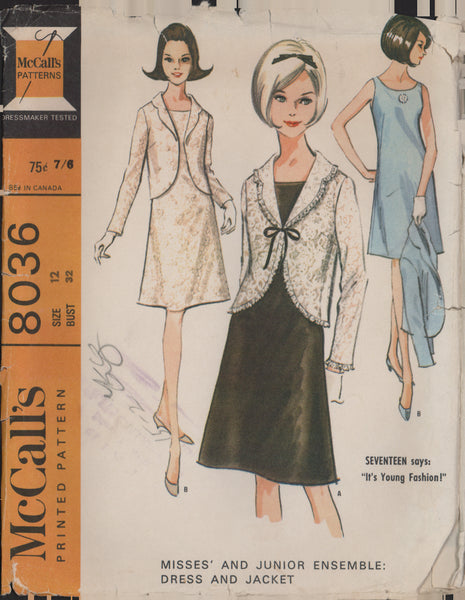 McCall's 8036 Sewing Pattern, Women's and Junior Dress and Jacket Ensemble, Size 12, Partially Cut, Complete