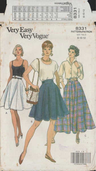 Vogue 8331 Sewing Pattern, Skirt, Size 8, Cut, Complete