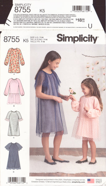 Simplicity 8755 Sewing Pattern, Girls' Dress, Size 7-14, Uncut, Factory Folded
