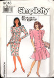 Simplicity 9018 Two Piece Dress: Eight Gored or Slim Skirt and Long or Short Sleeve Jacket, Sewing Pattern Size 10-14