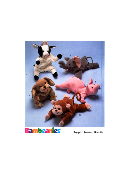 McCall's 9113 Bambeanies 9" Bean Bag Soft Toy Animals: Puppy, Piggy, Cow, Monkey, Elephant, Sewing Pattern
