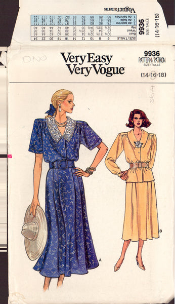 Vogue 9936 Sewing Pattern, Top and Skirt, Size 14-16, Cut, Complete