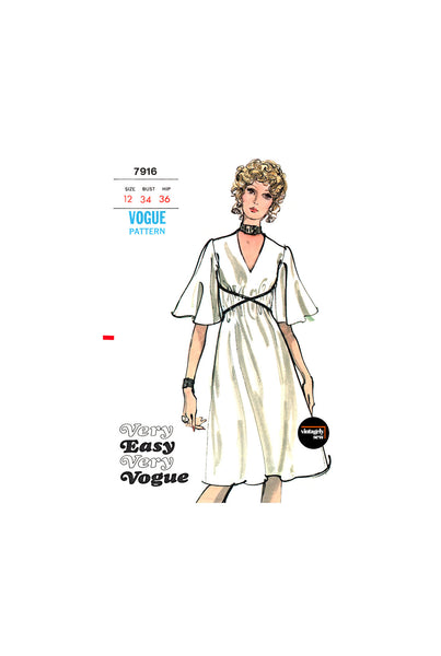 70s A-Line Dress with V-Neckline and Short Cape Sleeves, Bust 34" (87 cm) Vogue 7916, Vintage Sewing Pattern Reproduction
