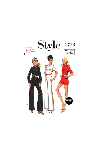 70s Long or Short Sleeved Utility Jumpsuit in Two Lengths, Bust 32.5" (83 cm) or 34" (87 cm), Style 2726 Vintage Sewing Pattern Reproduction