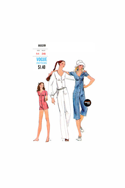 70s Front Buttoned Jumpsuit in Three Lengths, Bust 36" (92 cm) Vogue 8028, Vintage Sewing Pattern Reproduction