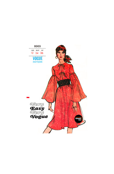 70s Boho Dress with Jewel Neck, Tie Front Opening and Long Flared Sleeves, Bust 34" (87 cm) Vogue 8003, Vintage Sewing Pattern Reproduction