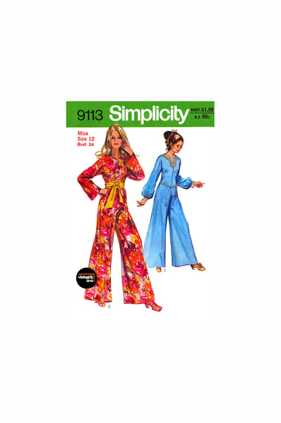 70s Jumpsuit with Front Neckline Slit and Two Sleeve Styles, Bust 34" (87 cm) Simplicity 9113, Vintage Sewing Pattern Reproduction