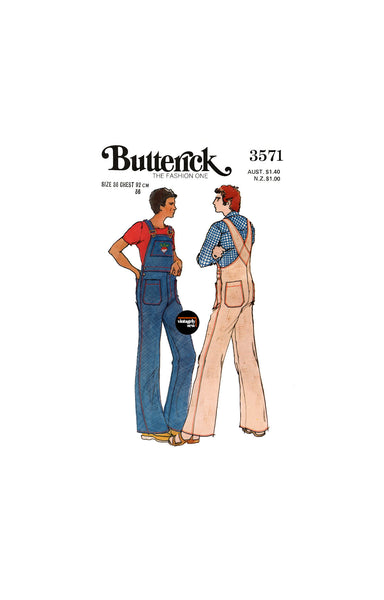 70s Men's Bib Overalls or Dungarees and Embroidery Transfer, Chest 36" (92 cm) Butterick 3571, Vintage Sewing Pattern Reproduction