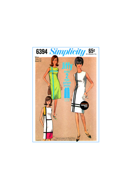 60s Sleeveless Shift Dress with Contrast Panels, Bust 32 (81 cm), Simplicity 6394, Vintage Sewing Pattern Reproduction