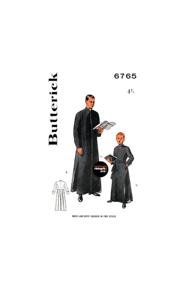 50s Men's or Boy's Cassock in Two Styles, Chest Size 30 (76.5 cm), 36 (91 cm) or 38 (97 cm), Butterick 6765 Vintage Sewing Pattern Reproduction