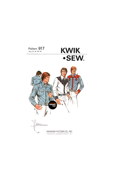 70s Men's Western Shirt with Decorative Yoke Variations, Chest 34-40 (86.5-101.5 cm) Kwik Sew 917, Vintage Sewing Pattern Reproduction