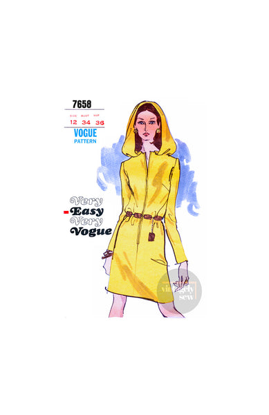 60s Front Zippered, Hooded Straight Dress, Bust 34" (87 cm) Vogue 7658, Vintage Sewing Pattern Reproduction
