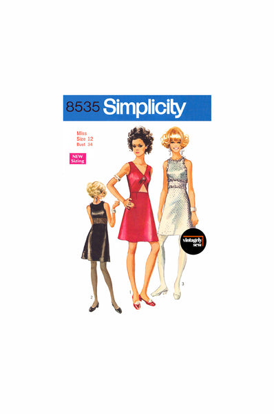 70s Sleeveless, Empire Waist Dress with Midriff Cutout or Sheer Panel, Bust 34" (87 cm) Simplicity 8535, Vintage Sewing Pattern Reproduction