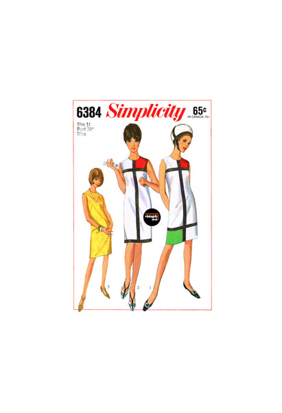 60s Sheath Dress with Contrast Trim Insets, Bust 34 (87 cm), Simplicity 6384, Vintage Sewing Pattern Reproduction