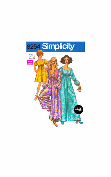 70s Pantdress in Two Lengths and Bolero, Bust 34" (87 cm) Simplicity 8254, Vintage Sewing Pattern Reproduction