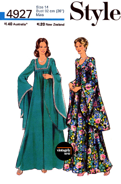 70s Evening Caftan with Godet Sleeves, Bust 32.5 (83 cm), 34 (87