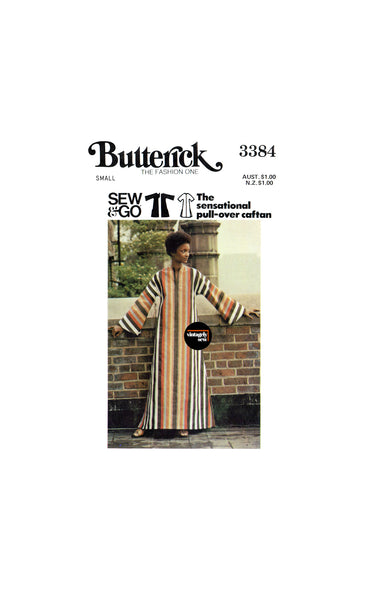 70s Ankle Length, Pullover Caftan with Kimono Sleeves, Various Sizes, Butterick 3384, Vintage Sewing Pattern Reproduction