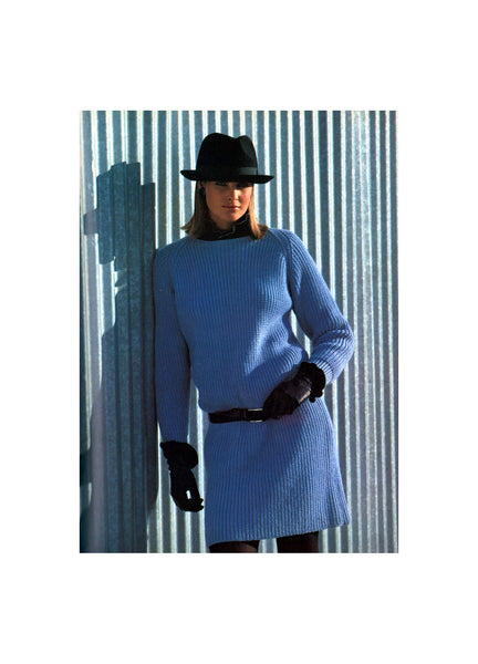 80s Slimline, Raglan Sleeved, Ribbed Sweater Dress, Knitting Pattern Bust Size 81-91 cm, Instant Download PDF, 3 pages