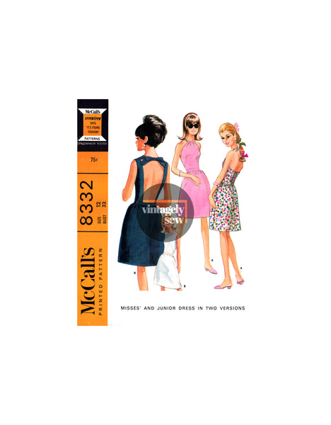 60s Halter Neck or Deep Cut Back Bodice Dress by Oleg Cassini, Bust 32" (81 cm) or 34" (87 cm) McCall's 8332, Sewing Pattern Reproduction