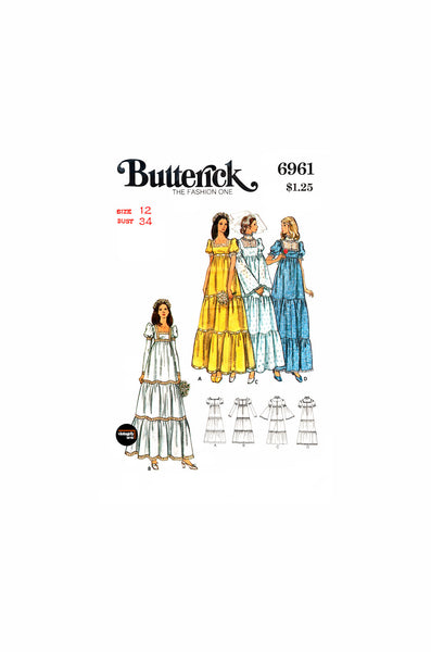 70s Empire Waist, Cottagecore Bridal or Bridesmaid Tiered Dress, Bust 34" (87 cm) Butterick 6961, Vintage Sewing Pattern Reproduction