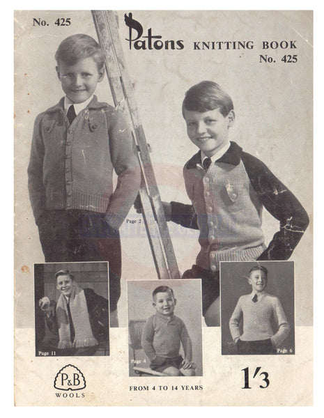 Patons 425 - 50s Knitting Patterns for Sweaters, Jackets and Cardigans For Boys Instant Download PDF 16 pages