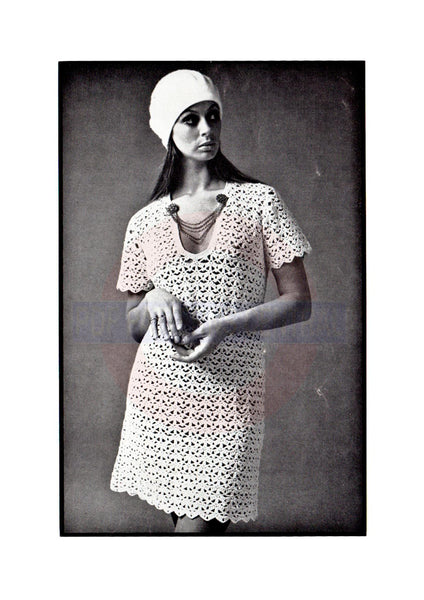 60s Retro Lacy Short Sleeve Dress with U-Shape Neckline and Scalloped Patterns Central 60s Retro Lacy Short Sleeve Dress with U-Shape Neckline and Scalloped Patterns Central