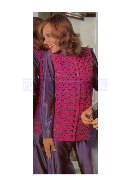 70s Crocheted Cardigan Vest - Instant Download PDF 4 pages