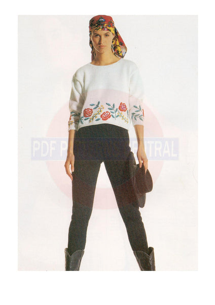 1980s Knitted and Embroidered Sweater in Fil d'Ecosse Bust Size 32-40 Instant Download PDF 3 pages