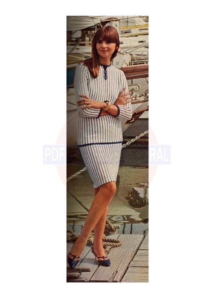 Vintage 1960s Knitted Striped Two-piece Dress Bust Size 31"-36" Instant Download PDF 5 pages