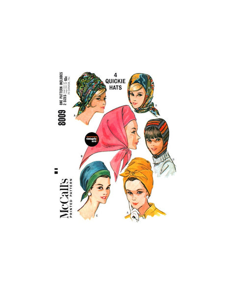 60s Kerchief, Hood,  Turban, Tie-Back/Front/Under Chin Hats, Size Small and Large, McCall's 8009, Vintage Sewing Pattern Reproduction