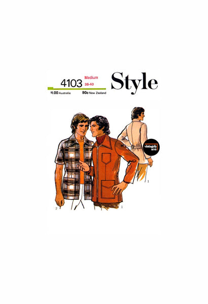 70s Men's Long or Short Sleeve Utility Jacket with Front Zipper, Chest 38-40 (97-102 cm), Style 4103 Vintage Sewing Pattern Reproduction