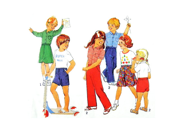 80's Style 2714 Front Buttoned Shirt with Long or Short Sleeves, Gored Skirt, Trousers & Shorts, Uncut, Factory Folded Sewing Pattern Size 2