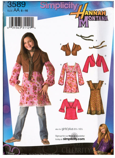 Simplicity 3589 Hannah Montana Mini-Dress or Tunic & Top, Jacket with Sleeve Variations, UC, Factory Folded Sewing Pattern Size 8.5-16.5