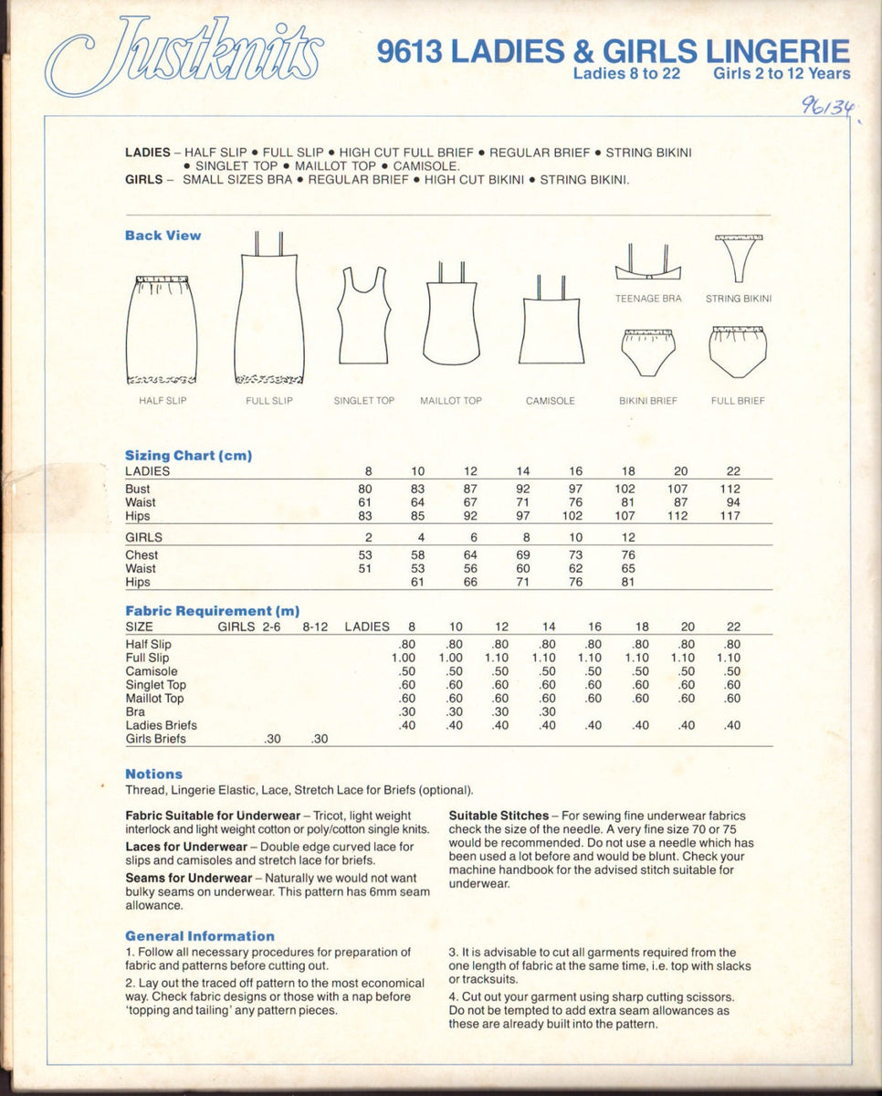 Justknits 9613 Lingerie: Full & Half Slip, Briefs, Camisole, Maillot T ...