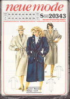 Neue Mode 20343 Long, Raglan Sleeve Coat with Collar Variations & Shoulder Tabs, Uncut, Factory Folded, Sewing Pattern Multi Size 10-24
